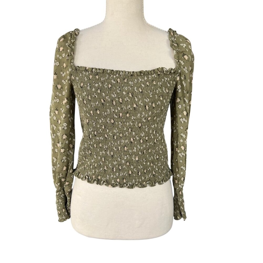 Reformation Pinto Smocked Floral Long Sleeve Top Square Neck Green Size XL